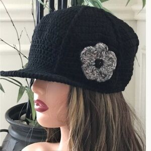 Black Crochet Cap with Gray Flower Accent